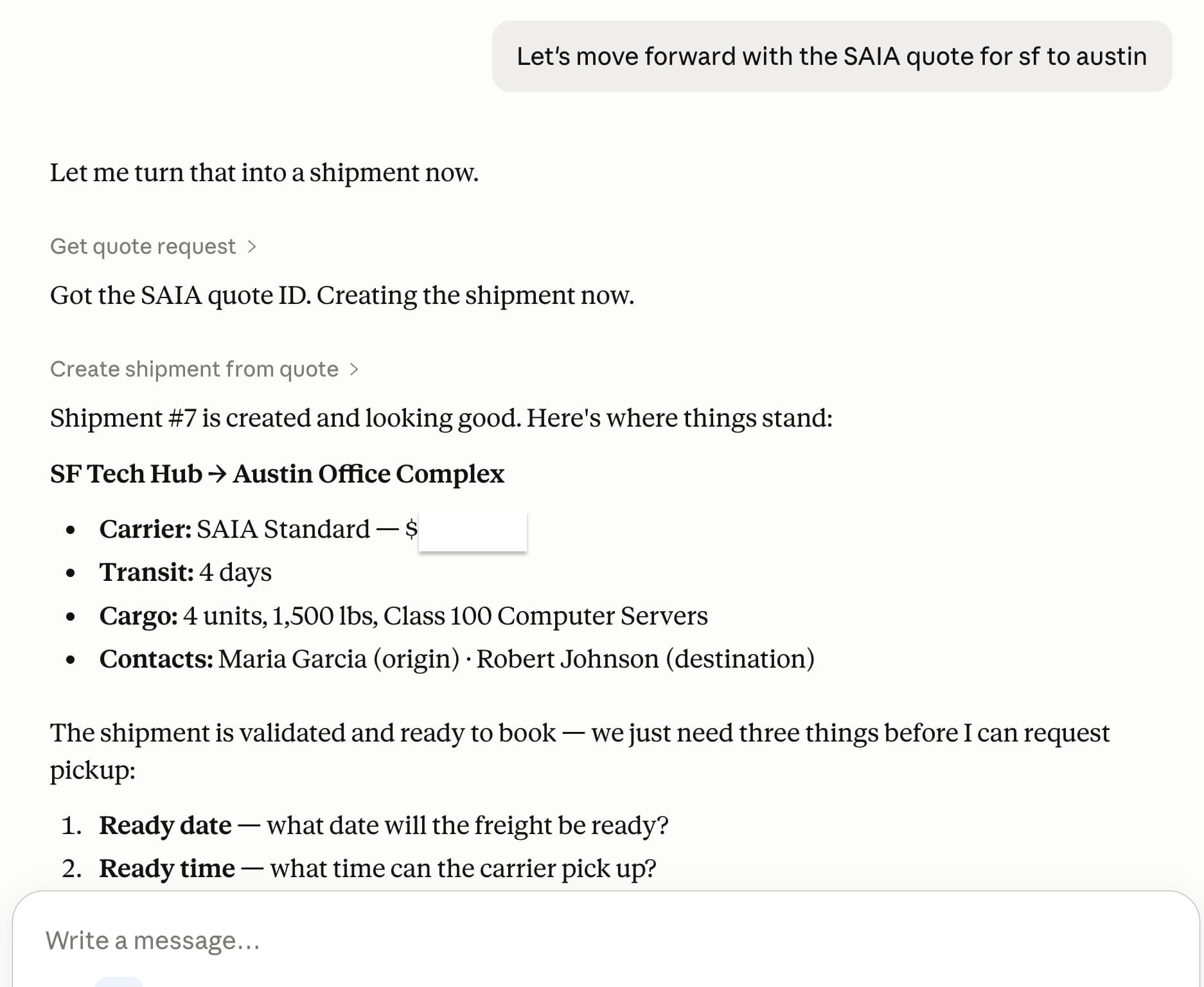 An agent using Freight f(x) to book a shipment through a carrier connection — calling the carrier function directly from a chat.