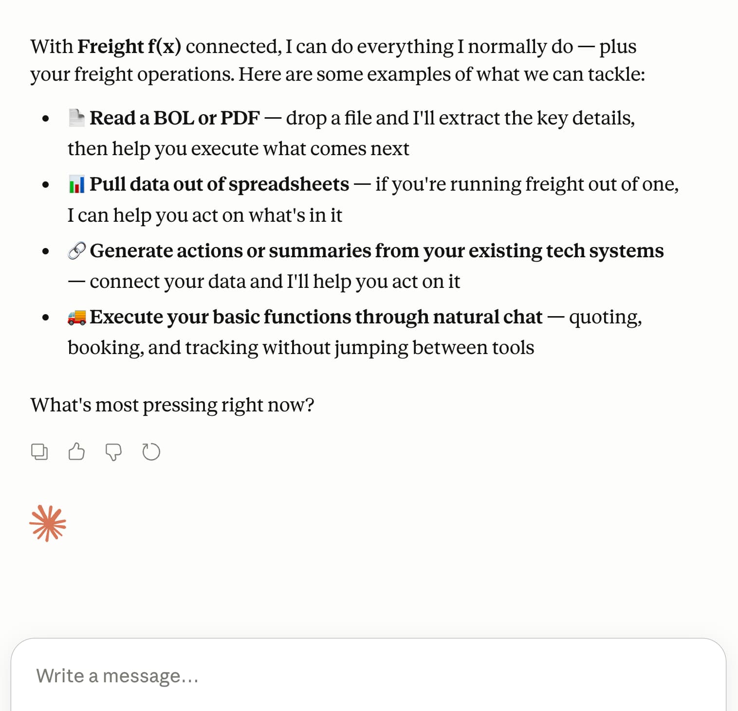 Claude using FreightFX to handle freight tasks: reading documents, pulling data from spreadsheets, and executing quotes and bookings through natural conversation
